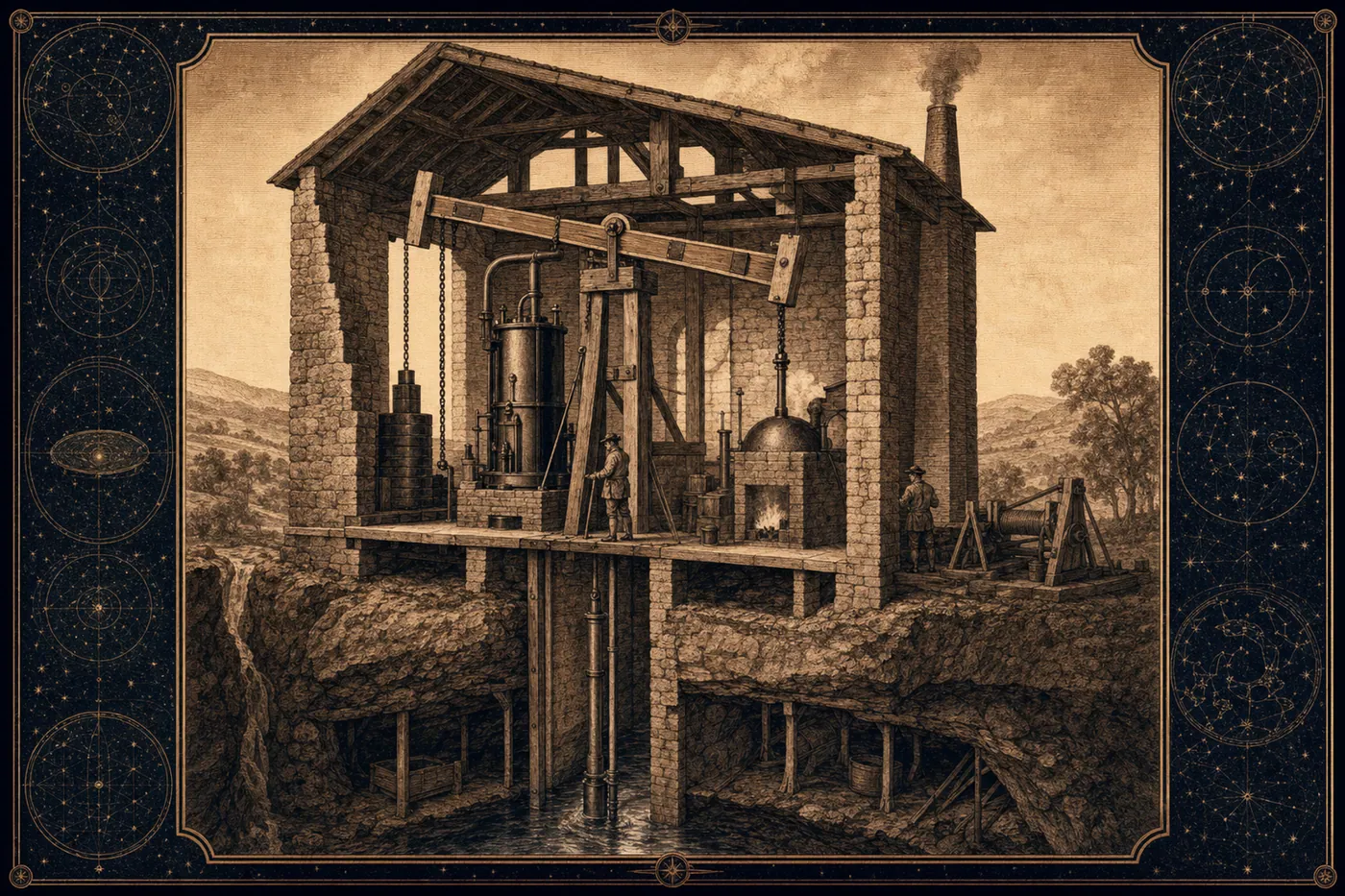 A cutaway-style reconstruction of a Newcomen atmospheric engine and mine-pump rods.