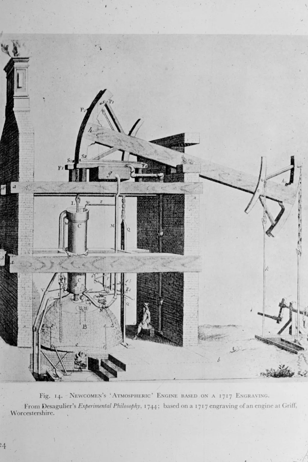 An eighteenth-century plate of the Newcomen atmospheric engine, after an engraving of 1717, probably from Desaguliers’s Course of Experimental Philosophy (1744). It burned so much coal that it paid only at the pithead.
