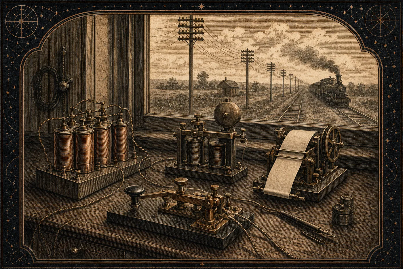 An interpretive early telegraph desk with key, sounder, batteries, and blank paper tape.