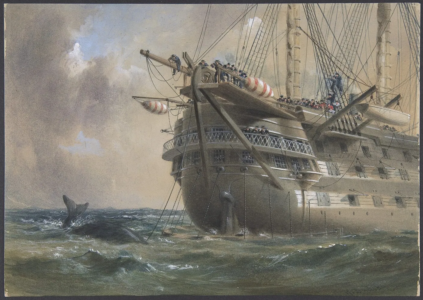 Robert Charles Dudley’s watercolour “H.M.S. Agamemnon Laying the Atlantic Telegraph Cable in 1858: a Whale Crosses the Line” (1865–66; Metropolitan Museum of Art). That cable failed within three weeks; a lasting one came eight years later.