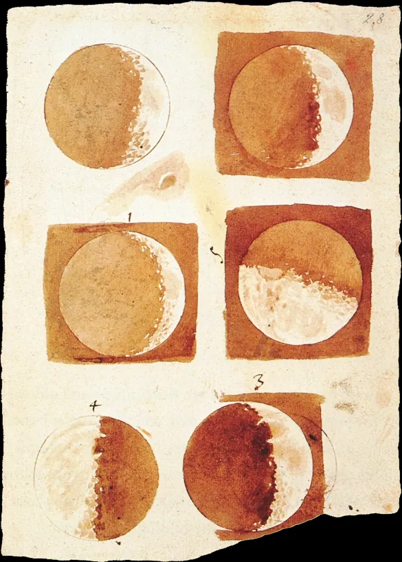Galileo’s watercolours of the phases of the Moon, painted after observing it through his telescope in late 1609. Biblioteca Nazionale Centrale, Florence.